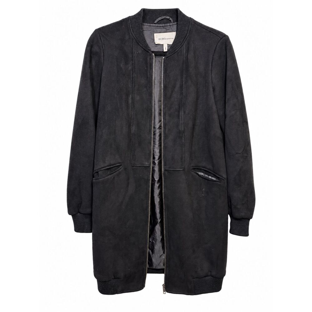 BCBGeneration Black Longline Bomber Jacket XS Zip Front Ribbed Trim Lined Coat
